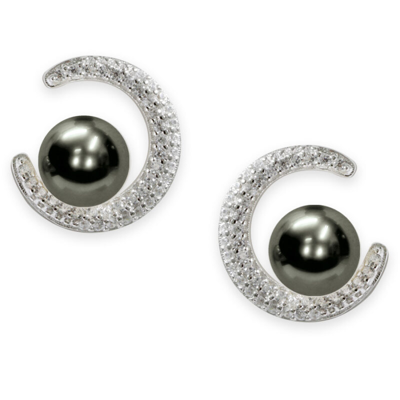 Pair of 925 ‰ Silver earrings, Cubic Zirconia, Full Pearl pearl black button, 6½ x 7 mm