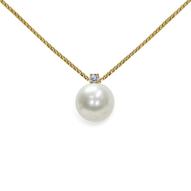 Pendente con catena Oro 375‰, Diamanti ct. 0,02,Perle Piena Perlagione sferiche,7X7½mm